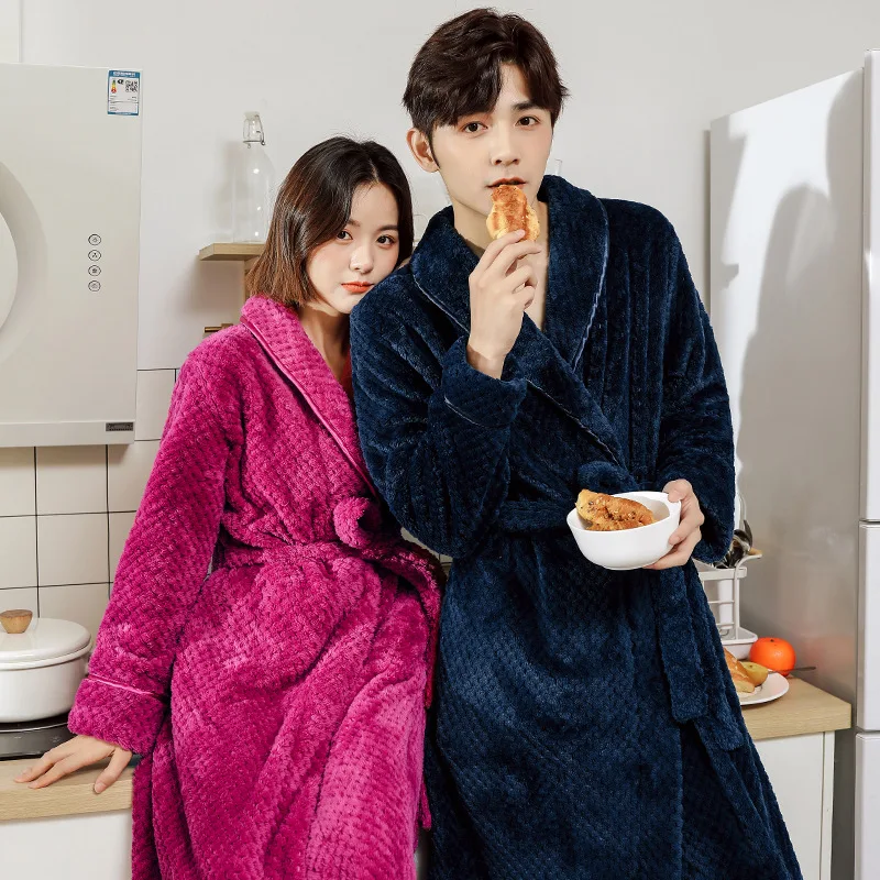 

Women Winter Long Warm Solid Color Flannel Bathrobe Men Lounge Coral Fleece Bath Robe