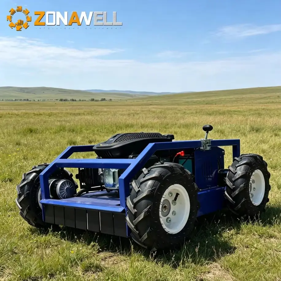 Durable Wheeled RC Lawn Mower Robot with 4 Stroke Powerful Engine, All Terrain Slope Climbing Radio Controlled Agricultural Yard