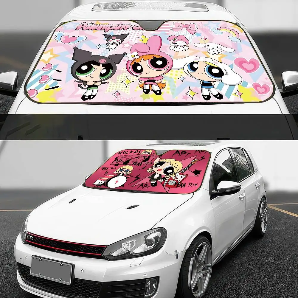 P-Powerpuff-GirlS أنيمي سيارة الشمس الظل نافذة أمامية ظلة لمعظم سيارات السيدان SUV كتل ماكس الأشعة فوق البنفسجية إبقاء سيارتك باردة