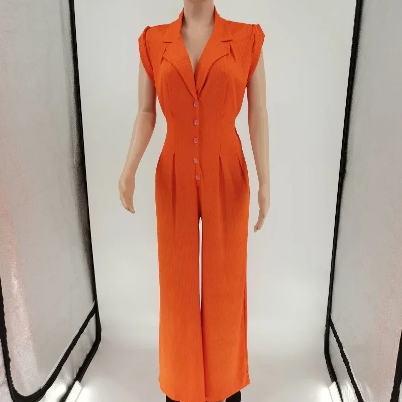 Summer Women's Jumpsuit Single Breasted Turndown Collar Short Sleeved Rompers Solid Color Wide Leg Pants