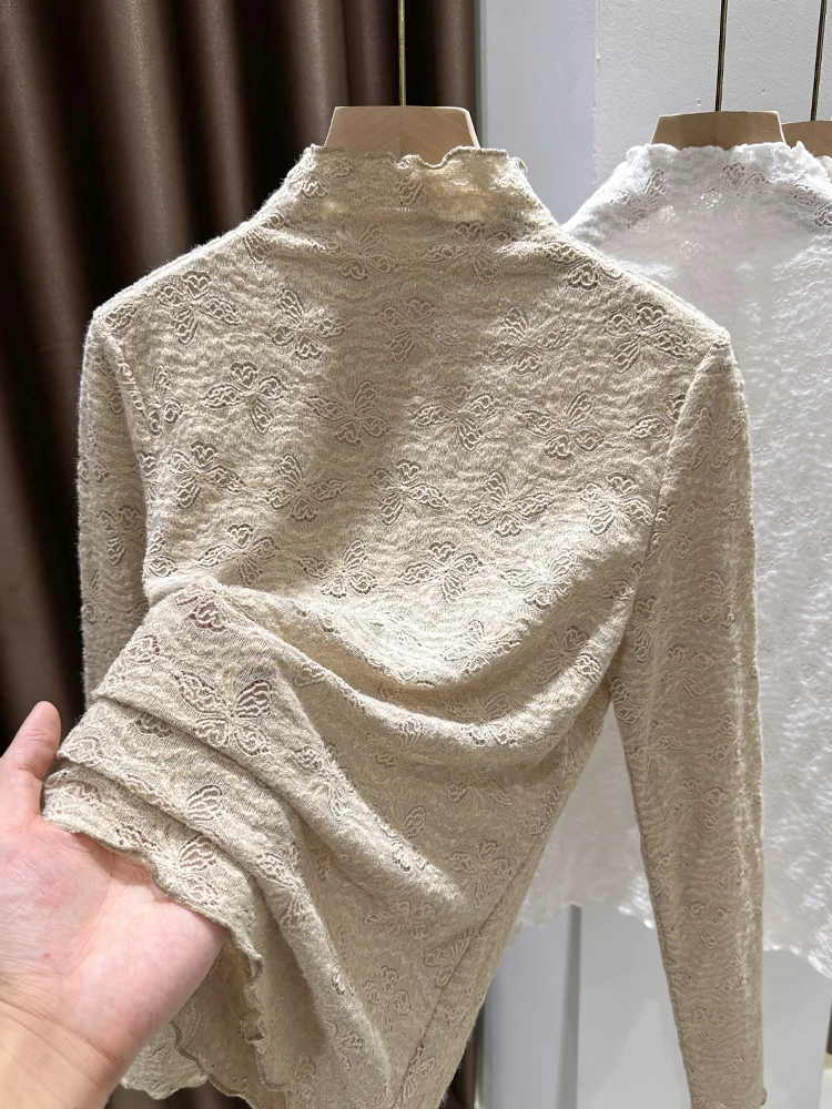 

Женская трикотажная базовая кофта Ele Lace Base с высоким воротником и деревянными рюшами, новая коллекция весна-осень-зима