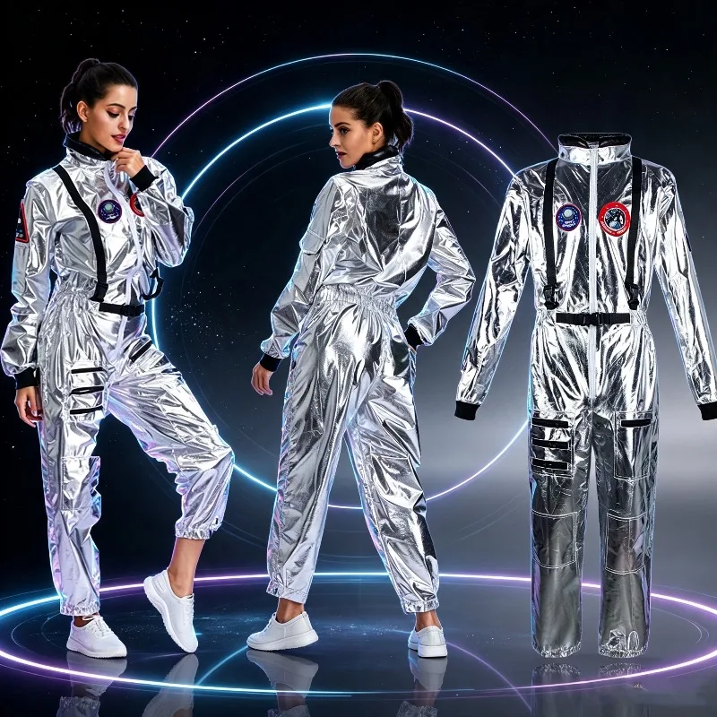 Men Women Space Explorer Cosplay Costume Metallic Silver Astronaut Jumpsuit for Carnival Halloween Fancy Dress Party