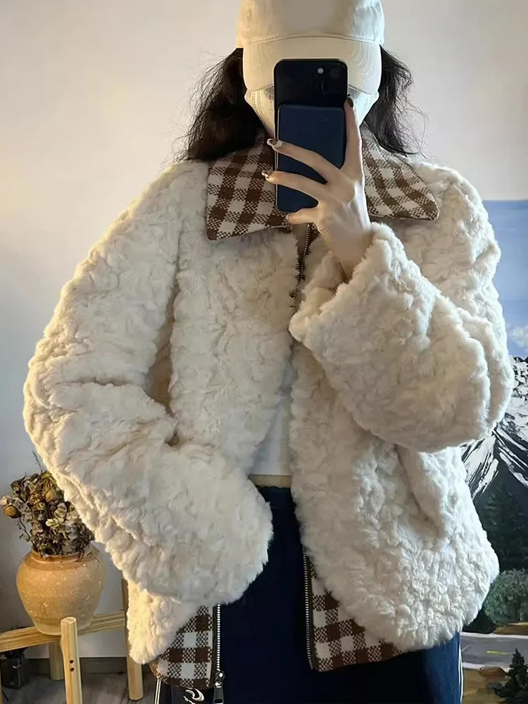 เสื้อโค้ทขนแกะเทียมน่ารักหวานๆ สำหรับผู้หญิง ฤดูหนาว หนา อุ่น ลายสก็อต ตัดต่อแบบวินเทจ สไตล์ Preppy แขนยาว น่ารัก สไตล์ Kawaii เสื้อคลุม