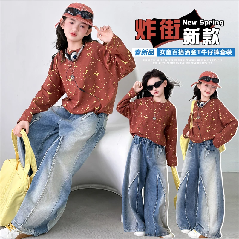 4-14Y Child Autumn Fashion Suit Tee+Jeans 2 Pieces Sets Spring Casual Clothing Set Tween Girl Y2K Style High Street Clothes Sets