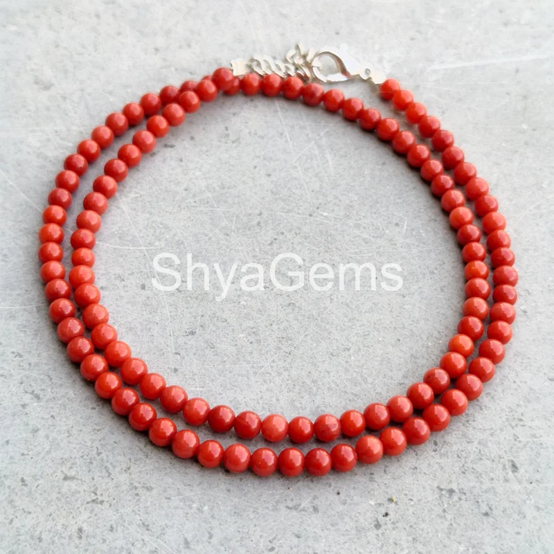 Orange Coral Necklace 3mm Smooth Round Beads, Sterling Silver Clasp, Dainty Cor