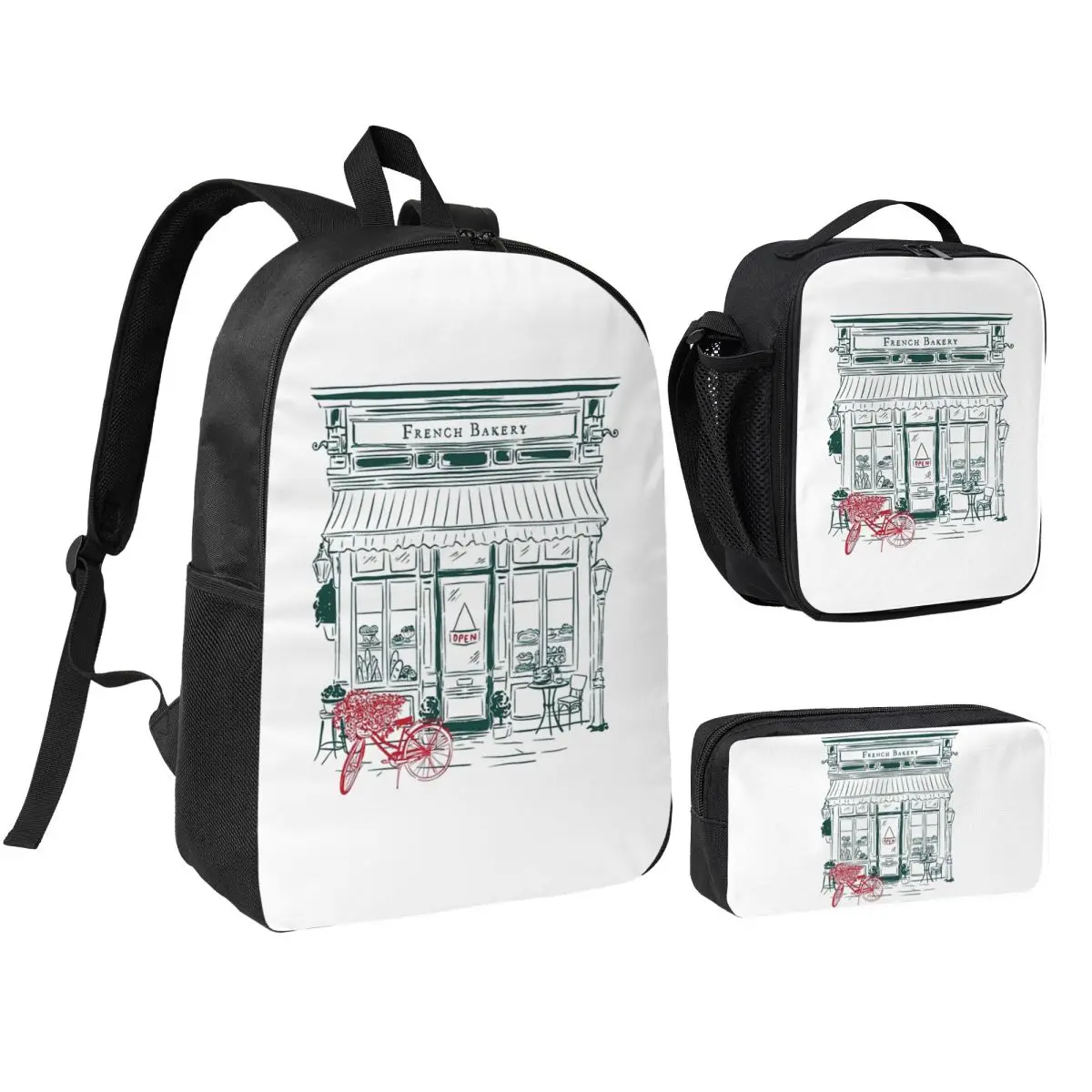 

French Bakery Backpack Boys Girls BookBag School Bag Shoulder Bags 3ps Insulated Lunch Bag Pencil Case