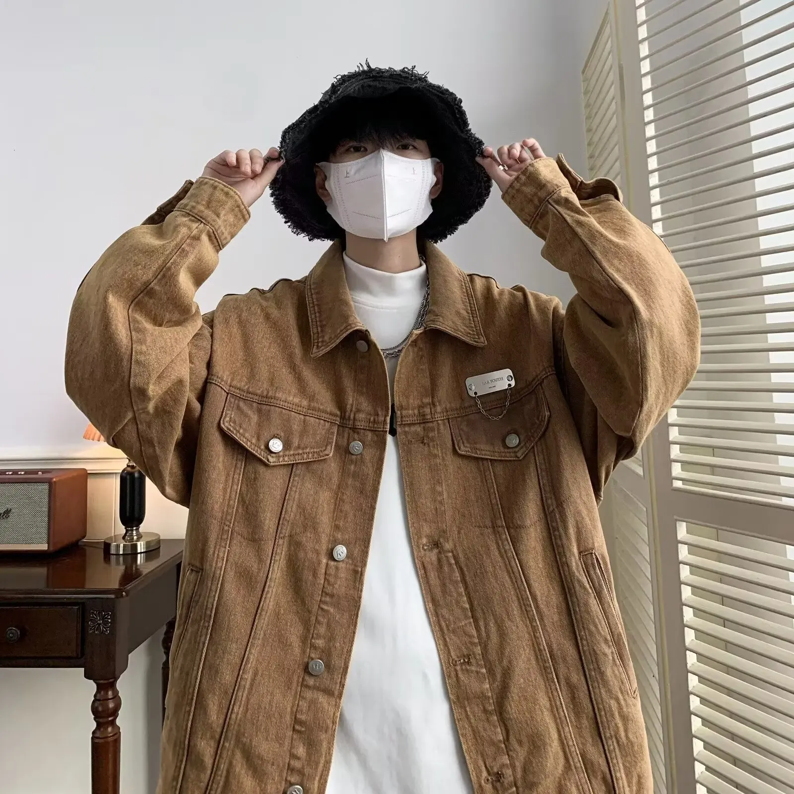 

Loose Fit Men's Denim Jaet Autumn Winter Large Size 5kg American Retro High Street Embroidery Casual Faion Outerwear