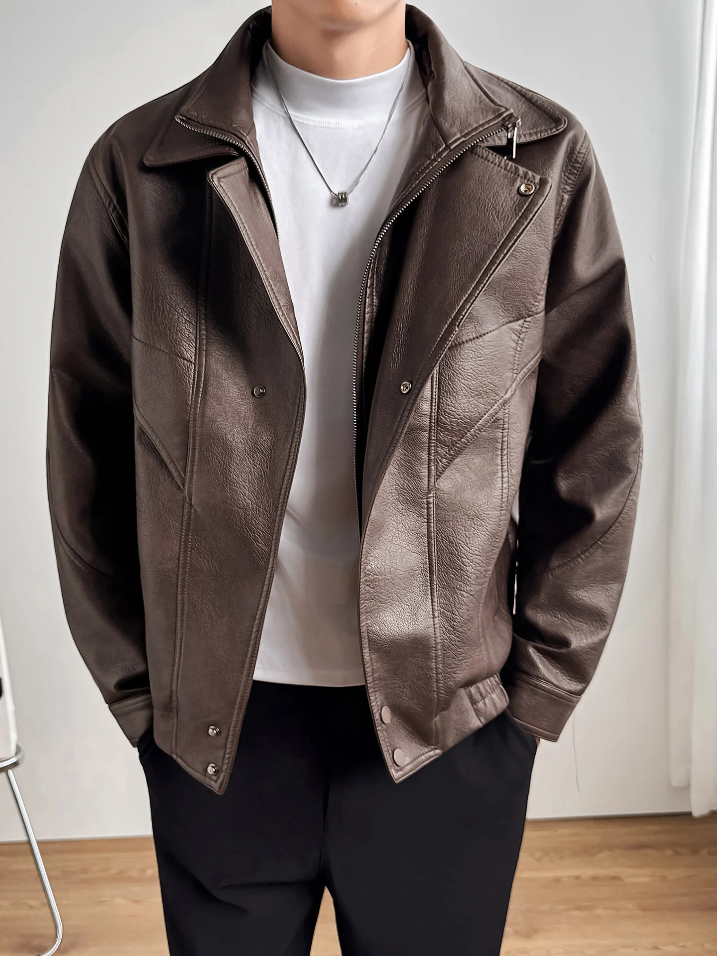 

Double Collar PU Leather Jaet Men's Faionable Versatile Autumn New Arrival Casual Sle Long Sve Zipper Closure Coat