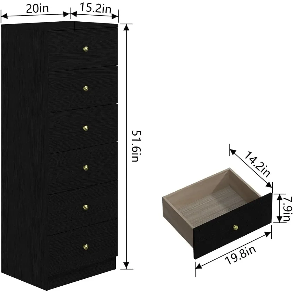 Commode verticale moderne à 6 tiroirs, commode haute en bois, organisateur de rangement en flèche avec tiroirs larges et poignées en métal doré pour