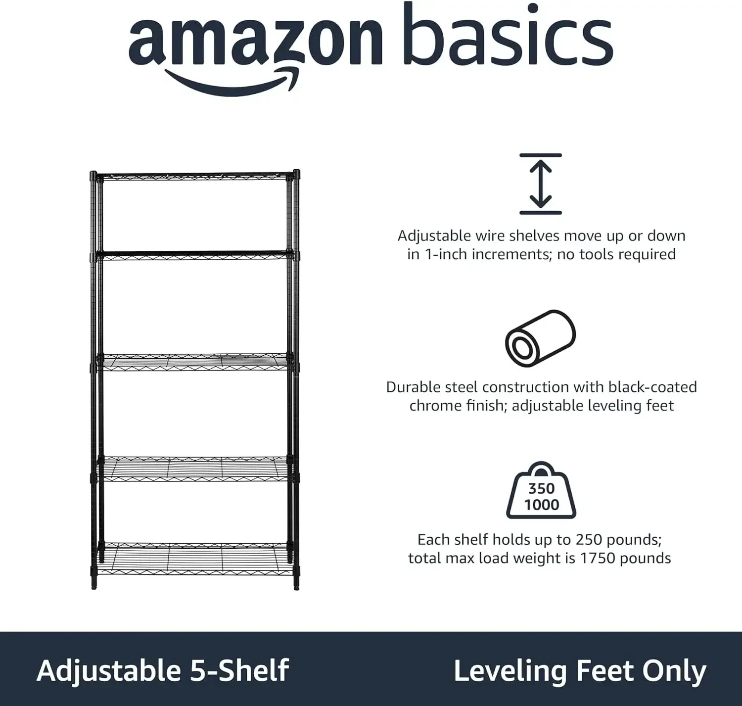 5-Shelf Adjustable, Heavy Duty Wide Storage Shelving Unit (350 lbs loading capacity per shelf), Steel Organizer Wire Rack