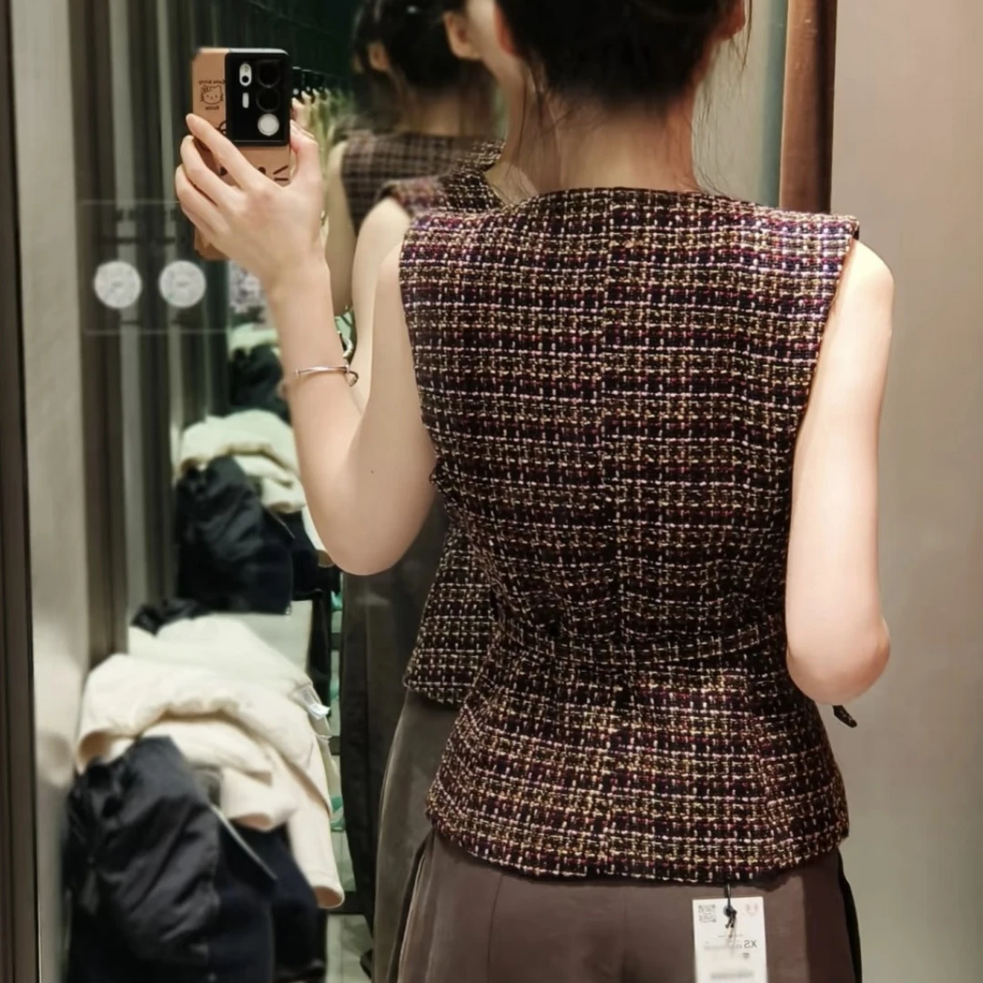 Autumn Winter New Style Women's Vest Belt Texture Small Fragrance Style Sleeveless Tank Top Outerwear Commute Style round Neck