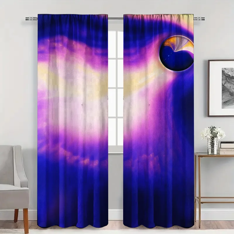 2pcs Abstract Gradient Curtains , Purple to Gold Circular Motif Sheer Light Filtering, Modern Artistic Living Room Decor