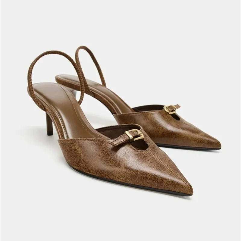 المصممين الفاخرة عالية الكعب للنساء فريدة من نوعها مشبك معدني مجوف تزيين رقيقة صنادل عالية الكعب خمر البني Zapatos De Mujer #5