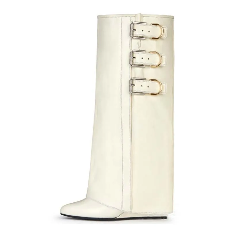 Black Belt Buckles Slip-On Wedge Trouser Boots Woman Winter 2024 Red Pointed Toe Mid-Calf Boots Fashion Luxury Shoes for Women