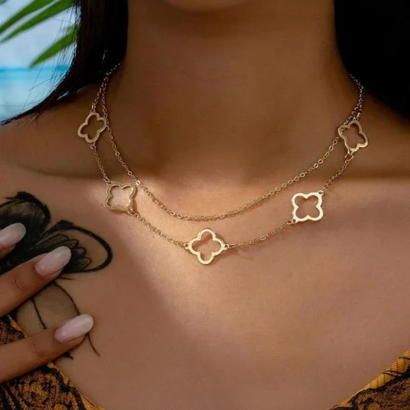 Minimalist Long Four Leaf Clover Hollow Flower Necklace & Bracelet, Womens Collarbone Chain, Earrings, Jewelry Gift Accessories