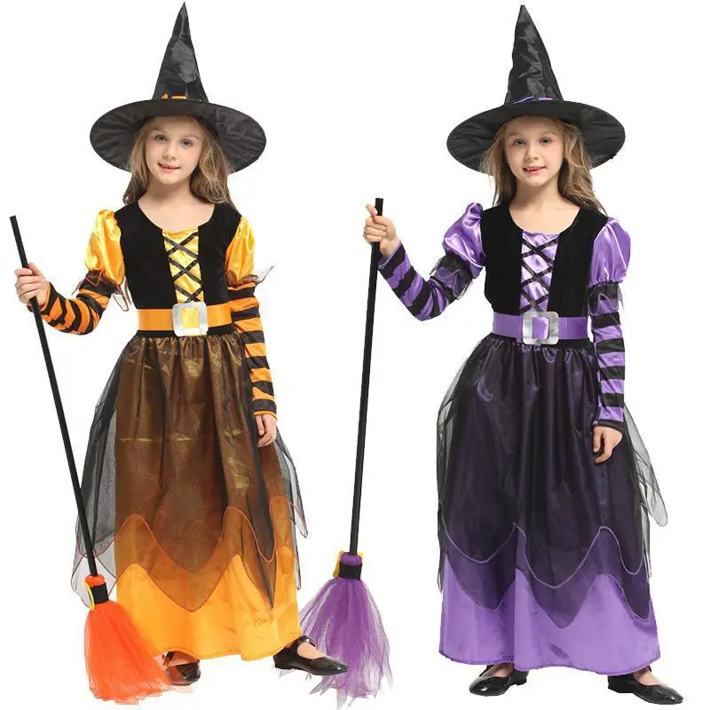 Halloween Kinderen Heks Prinsessenkostuum Met Hoed Make-Up Bal Heks Optreden Kostuum Halloween Feest Heks Cosplay Jurk