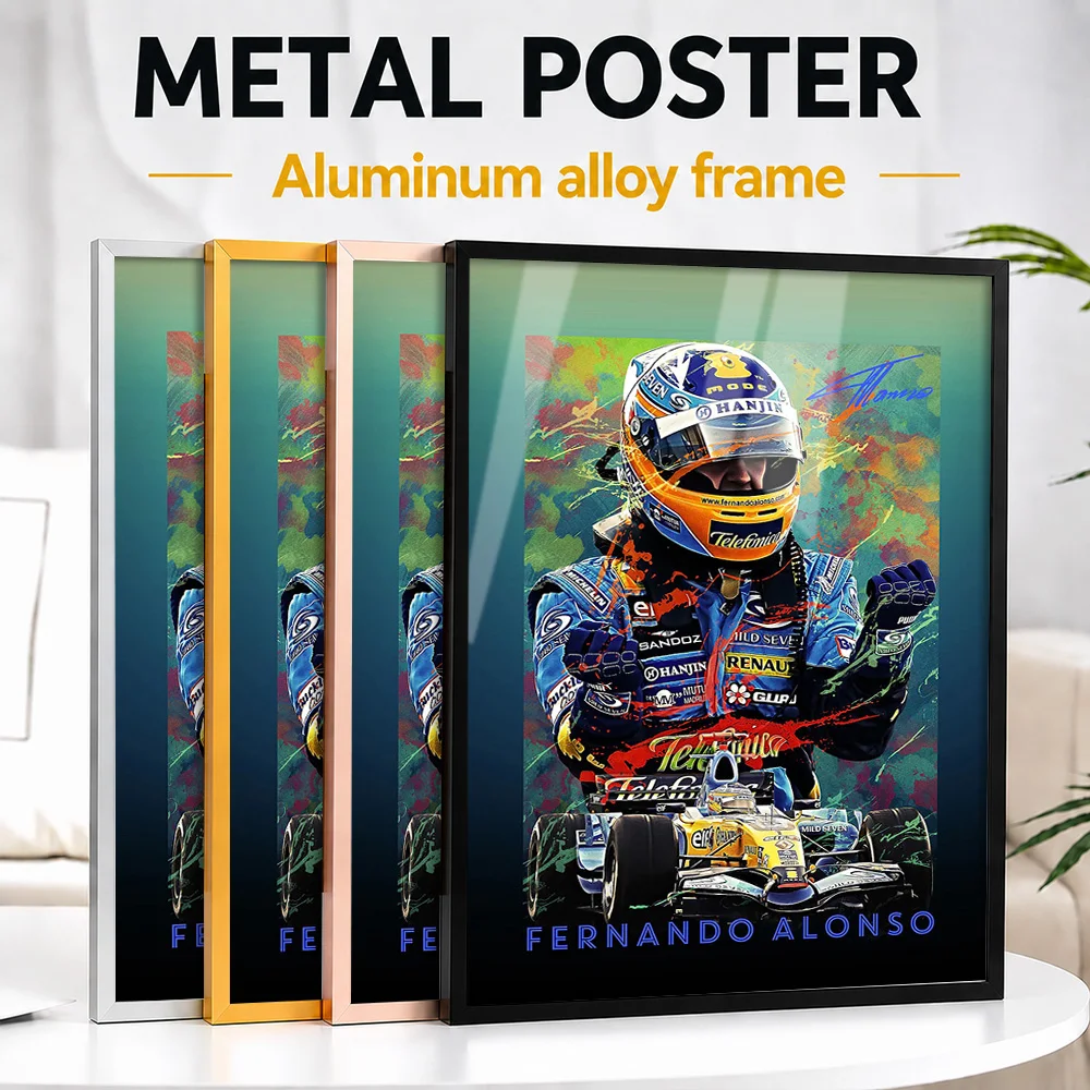 Fernando Alonso Framed Aluminum Metal Poster Customized Photo Monochrome Speed Style Wall Art For Game Room Unique Driver Gift
