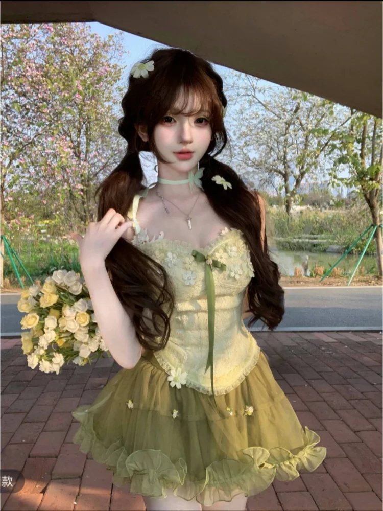 Design Summer Sweet Slim 2-piece Set Women Vintage Chic Off Shoulder Bow Sling Tops Female + Elastic Waist Short Skirt Outfits