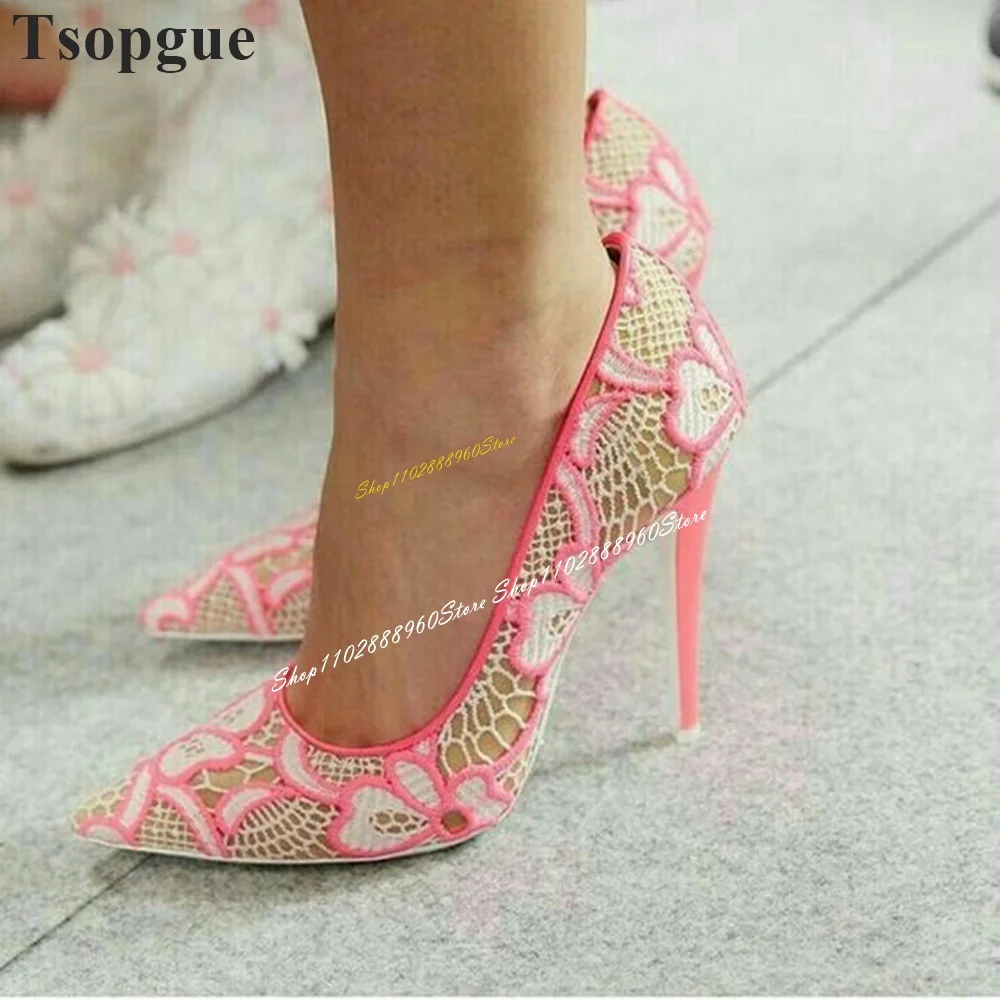 Trending Pink Lace Shallow Pumps Thin High Heel Shoes For Women Slip On Pointed Toe 2024 Fashionable Zapatos Para Mujere