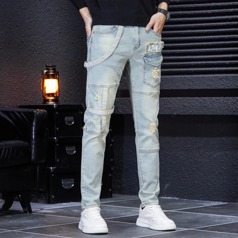 2024 New Street Pants Men's American Washed Casual Jeans Straight Tight Stitching Motorcycle Trendy Pants