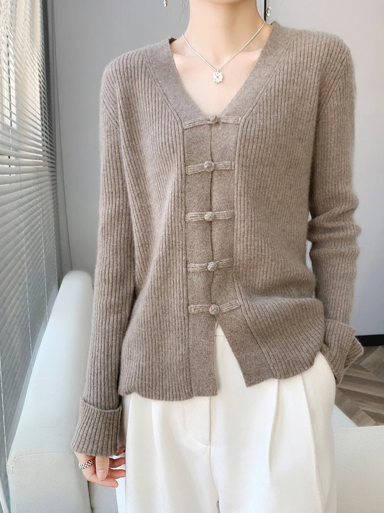 

Women's Casual Loose Elegance V-neck Cardigan Soft Warm 100% Merino Wool Knitted Sweater Retro Simplicity Style Clothing Tops