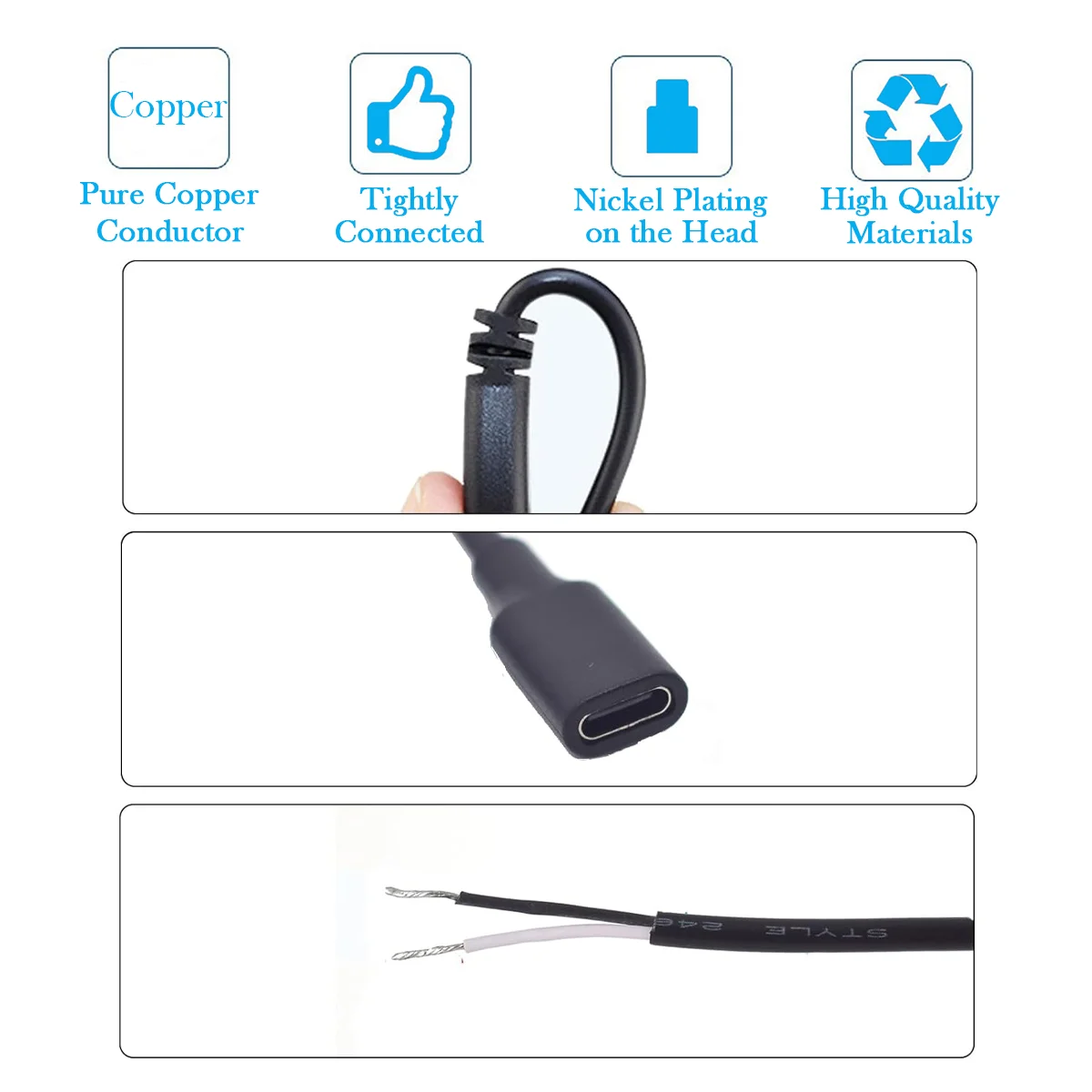 1M/3.3FT 22AWG USB C Vrouwelijke Pigtail Kabel-2 Draad Voedingskabel DIY 5V 3A voor Type-C Vervanging Reparatie (Wit/Zwart Blote Draad)