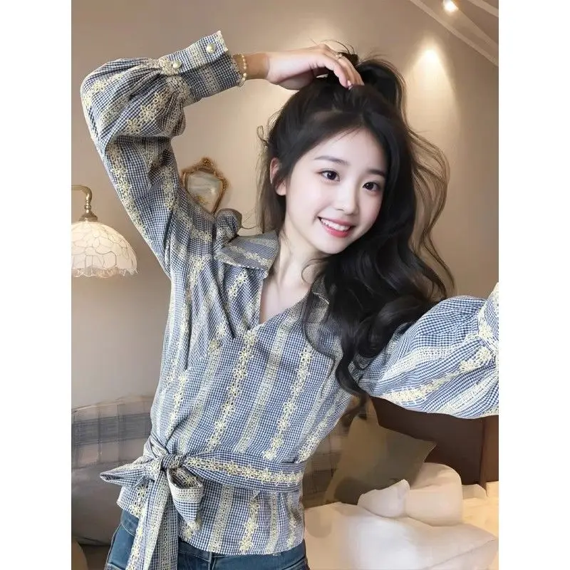 Femme Spring Summer Korean Fashion Printing Collar Women Shirts Trend Fashionable Appear Thin Lacing Cotton Long Sleevetops