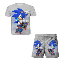 New 2025 Japanese Cartoon Sonic T-shirt Children's Top T-shirt Shorts Two-piece Set Summer Boy Cartoon Cute T-shirt+beach Pants