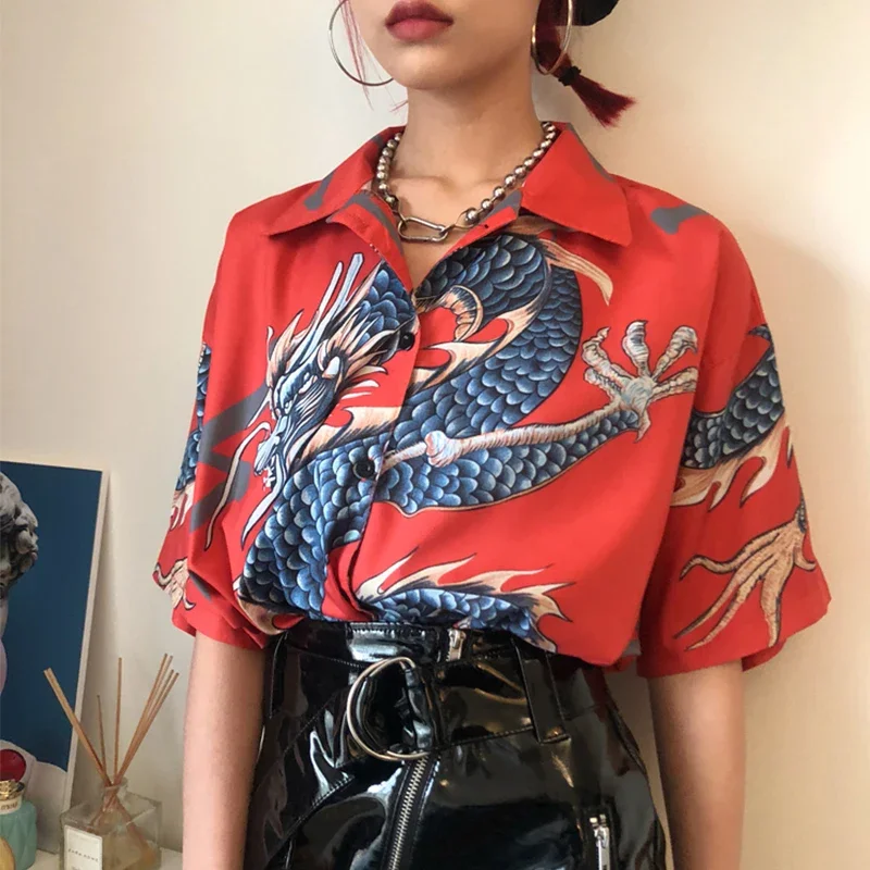 2024 Summer Women blouses oversized blouse Tops Harajuku Dragon Printing Streetwear Short Sleeve shirts Female Blusas Mujer