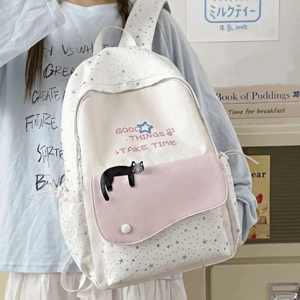 Y2k Sweet Cat Star Backpack Minimalist Printed Nylon Rucksack Large Capacity Multiple Pockets Student School Bag Travel Use