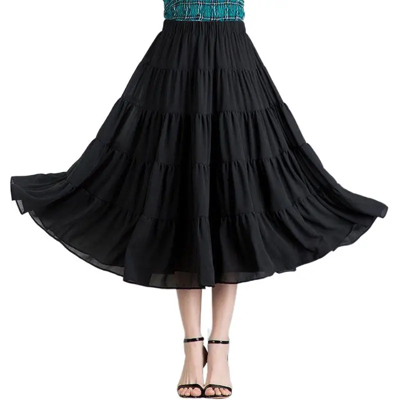 2024 Bohemia Long Skirts Women Stretch High Waist Solid Chiffon A-Line Skirt Casual Pleated Maxi Skirt Faldas Saias Streetwear