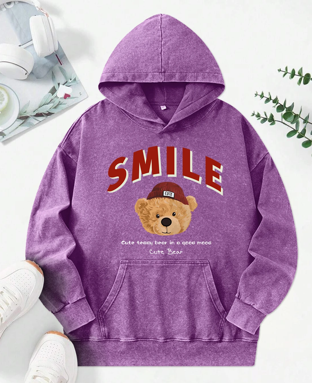 

Doll Bear Wearing Hat Design Washed Hoody Female Personality Oversize Hoodie Cotton Trendy Streetwear Soft Comfortable Pullover