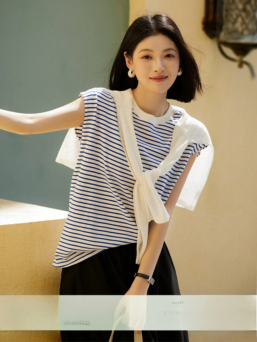 

Женская летняя повседневная хлопковая футболка Xhange Classic с сине-белыми полосками, без рукавов, свободного кроя, с круглым вырезом, в стиле OL