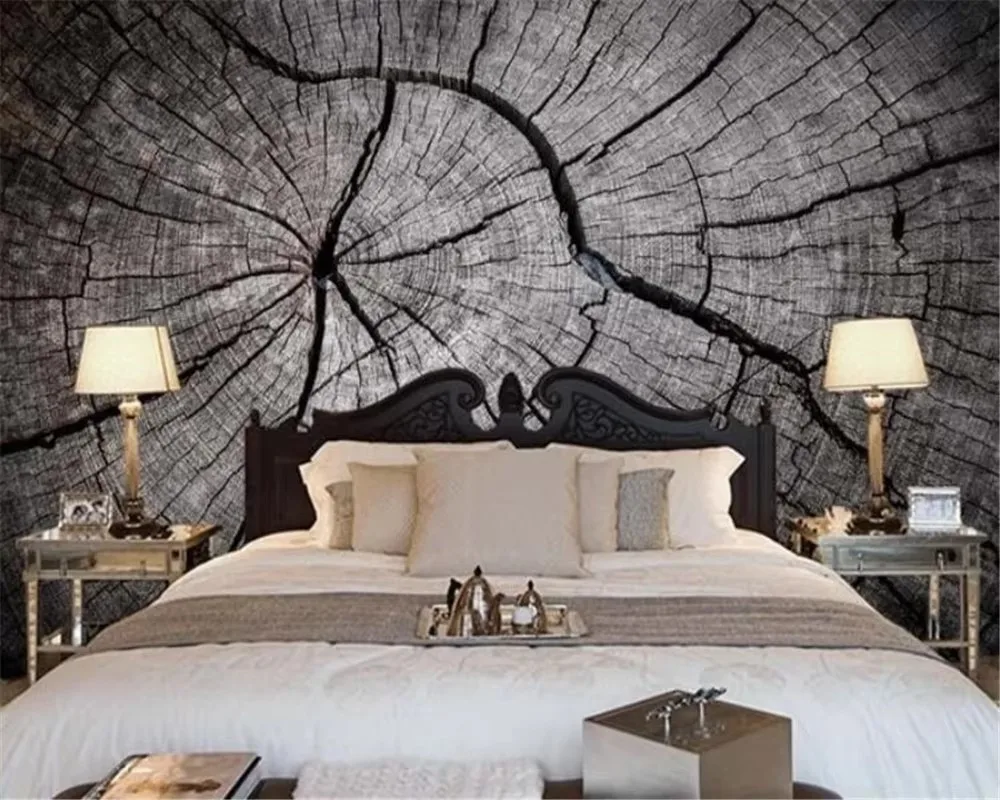 

Custom sized 3d wallpaper with gray annual rings and wood grain murals, vintage tree stump wood grain decorative paintings