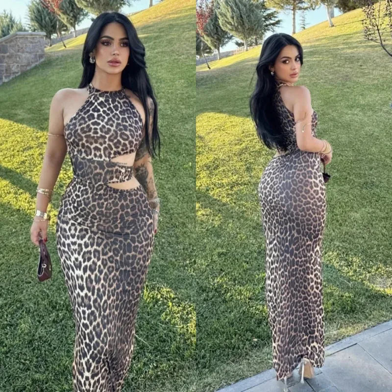 

Classic Leopard Print Sleeveless Dress Sexy Hollow Tight Dress Fashion Women Banquet Evening Dress Summer Round Neck Long Dress