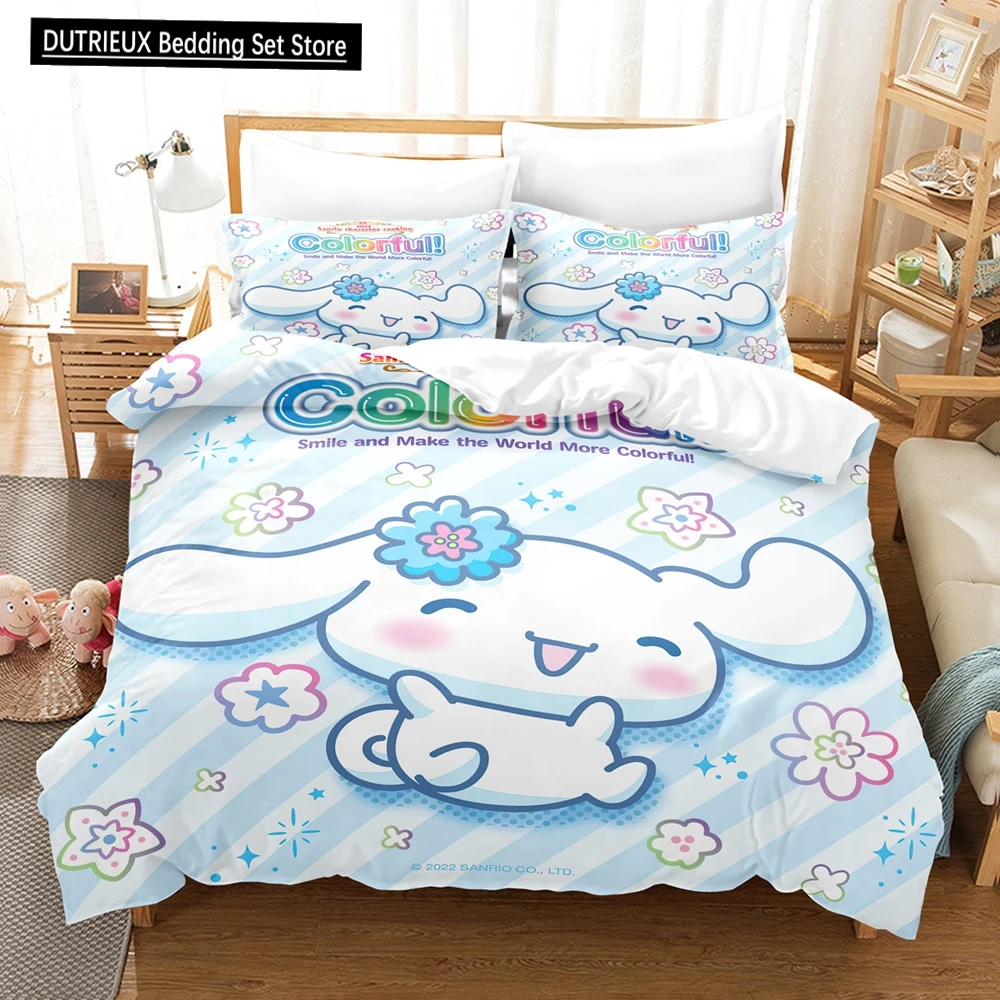 Sanrio Animation Cinnamoroll Pillowcase Bedding Set Cartoon Children's Bedroom Adult Double Comfortable Bed Full Twin King Size