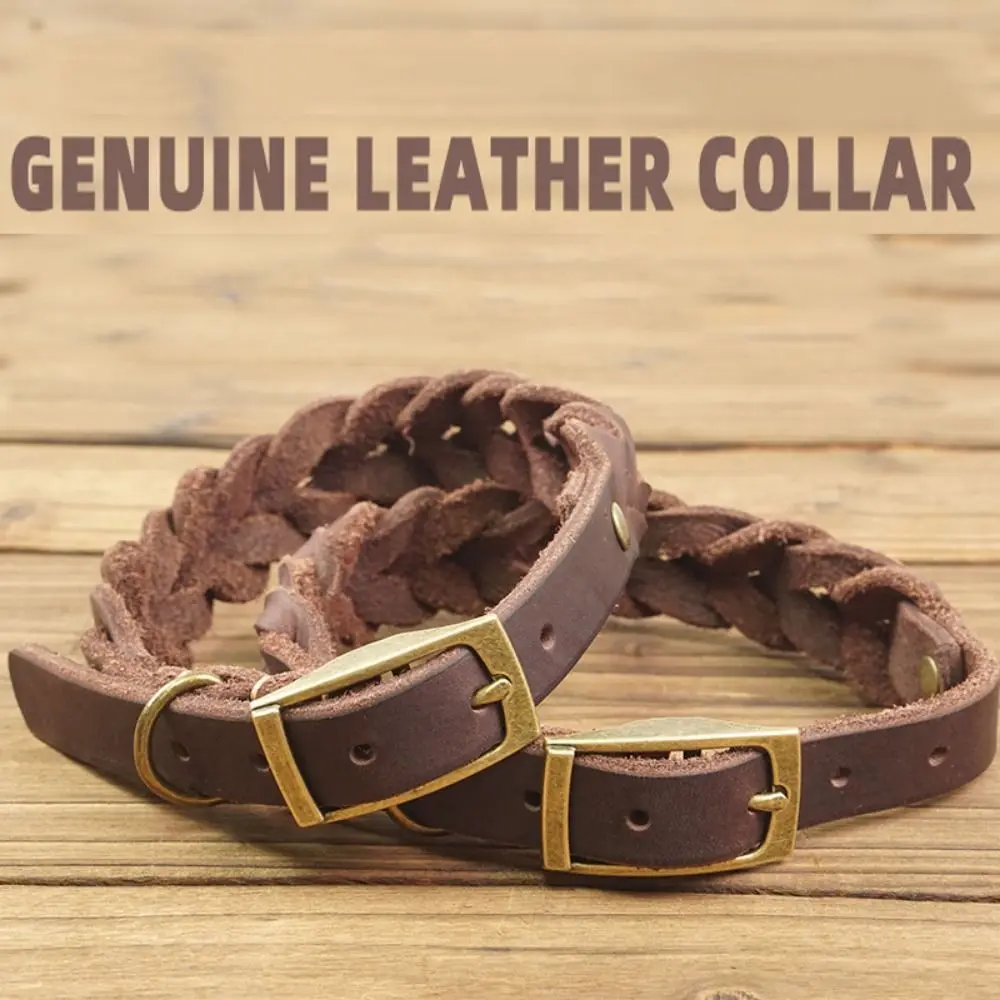 Reusable Vintage Braided Dog Collar Heavy Duty Soft Leather Dog Collar Genuine Leather Adjustable Puppy Neck Strap Outdoor