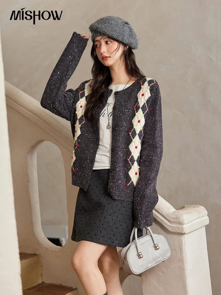 MISHOW Vintage Sweater Cardigan Women 2024 Autumn Winter Sweet Multicolor Dot O-Neck Single Breasted Knitted Jacket MXD55Z1047