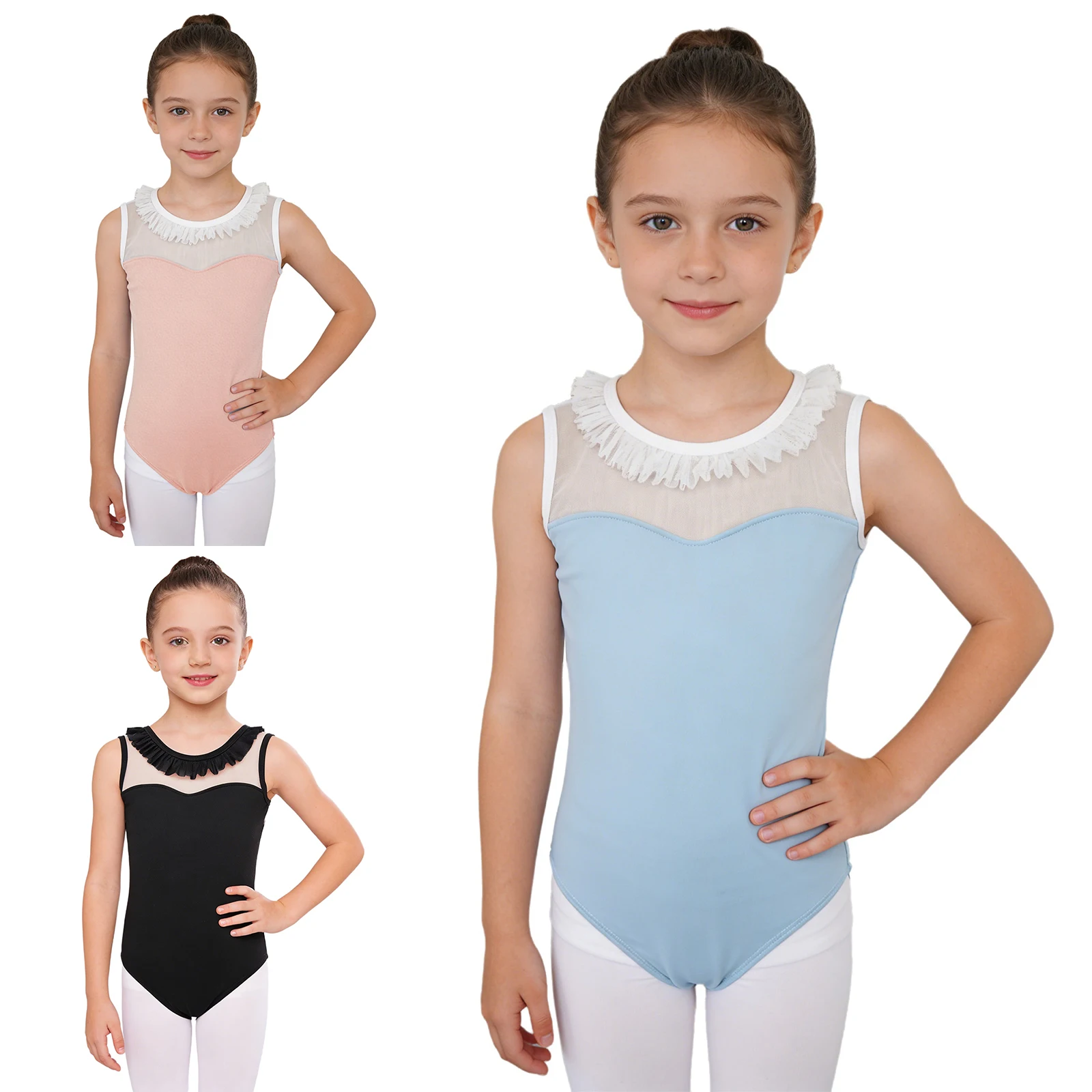 Kids Girls Frilly V-back Ballet Leotard Sheer Mesh Patchwork Long Sleeve Bodysuit Dress for Ballet Dance Gymnastics Practice