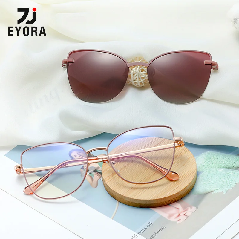 

EYORA Cat Eye Metal Polarized Magnetic Clip-On Women Anti Blue Light Reading Glasses Myopia Eyewear Progressive Eyewear Lens