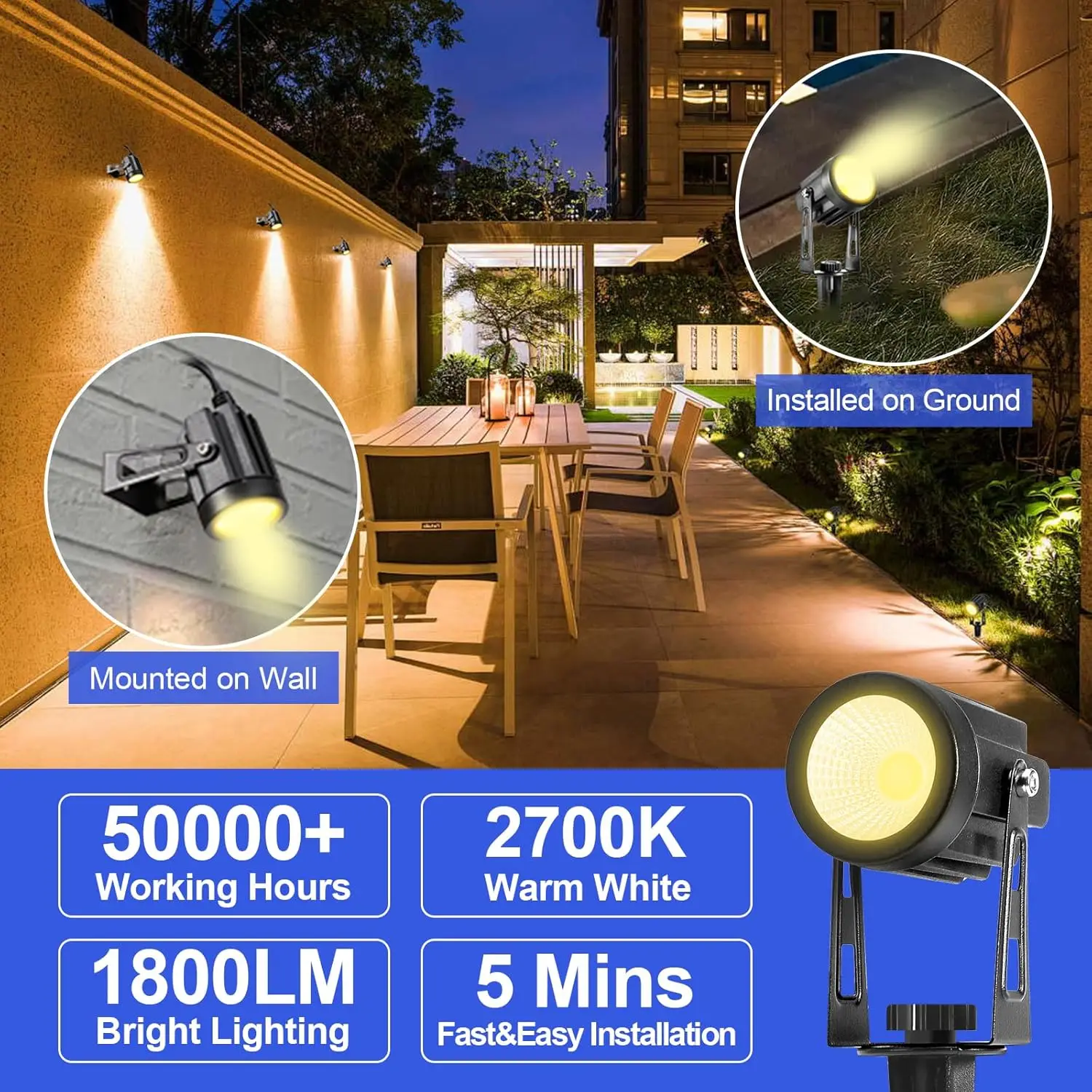 Landscape Lighting, 5W 12V Extendable Low Voltage 6 in 1 with Transformer IP65 Waterproof Spotlight for Garden Walls Trees Flag