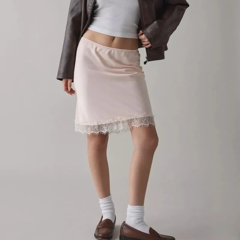 Women's Vinateg Y2k Midi Skirts Lace Trim Hem Satin Skirts Fairy Grunge Bottom Skirts Party Clubwear