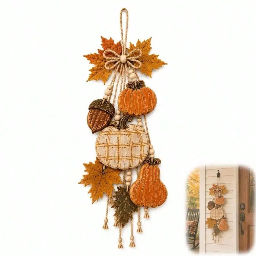 Rustic Harvest Wooden Door Hanger, Fall Patchwork Rope Porch Decor With Maple Leaves And Pumpkin, Rustic Farmhouse Wall Art, Halloween And Thanksgiving Home Decor, A Warm Autumn Welcome For Your Home