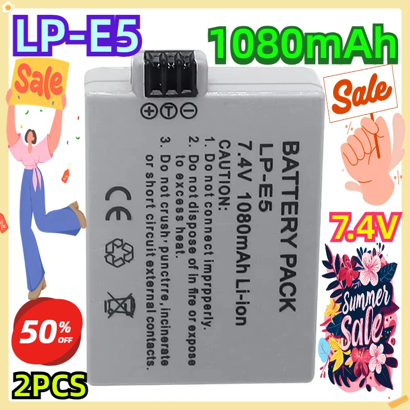For CANON 450D 500D 1000D Kiss X2 X3 F Rebel XS XSi T1i LP-E5 Battery 1080mAh Rechargeable Batteries 2pcs