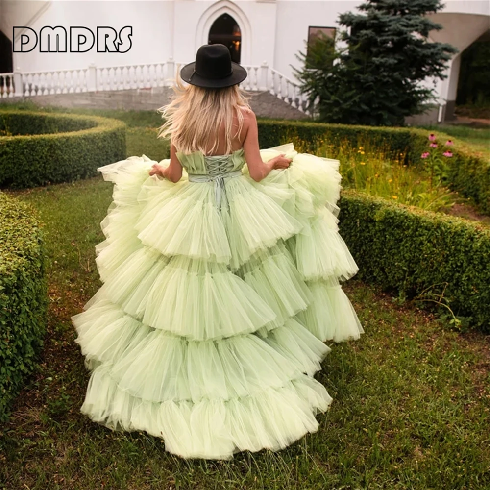 Mustard Green Fluffy Tiered Women Tulle Dress Strapless Ballgown Plus Size Lace-up Back Prom Dresses Party Gown Many Colors