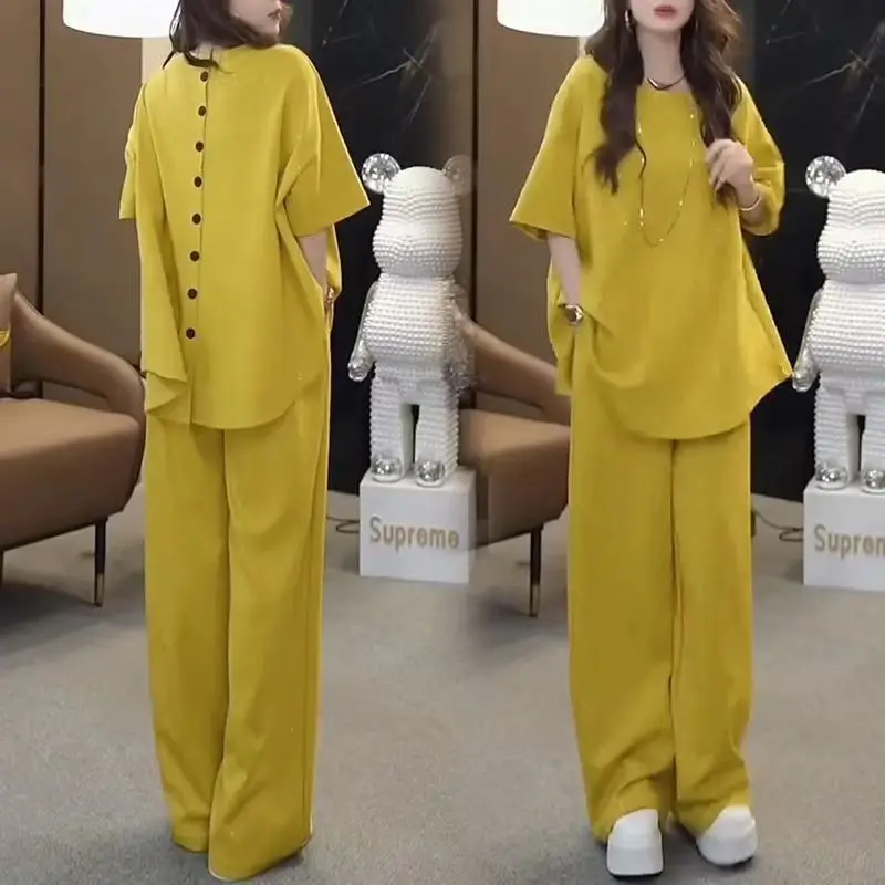 

Летний новый четырехцветный женский полный комплект с пайетками больших размеров в корейском стиле, утягивающие широкие брюки с круглым вырезом и высокой талией, комплект из двух предметов