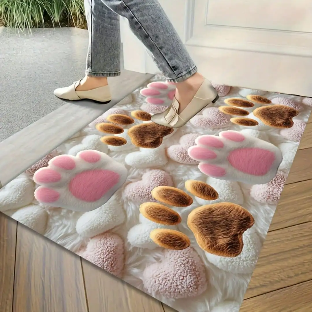 Plush Love Pet Cat Paw Pattern Rectangular Mat, Non-Slip, Easy To Clean, Soft Flannel Material, For Living Room, Bedroom, Kitchen, Office, Bathtub Shower