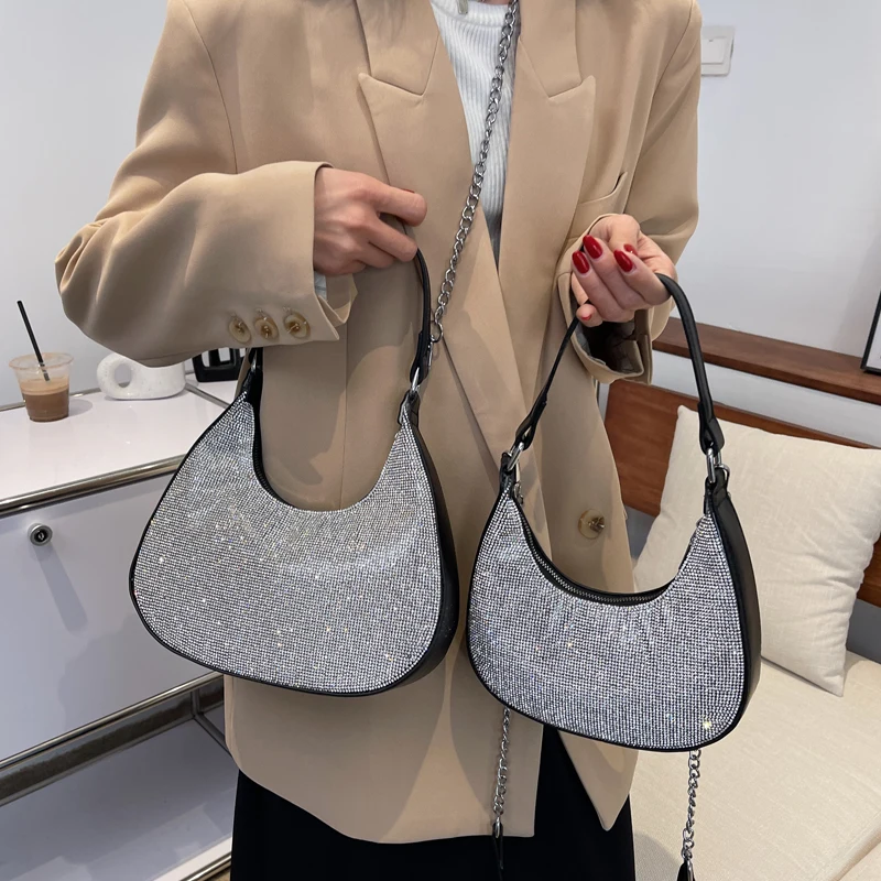 Luxury Half Moon Women's Underarm Shoulder Bag 2022 Shining Diamond Tote Bag Female Large Casual Crossbody Bag For Women Handbag