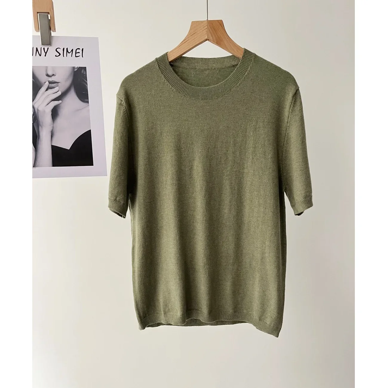 Women's casual wind green light soft waxy wool blended round neck short-sleeved knitted T-shirt 16a