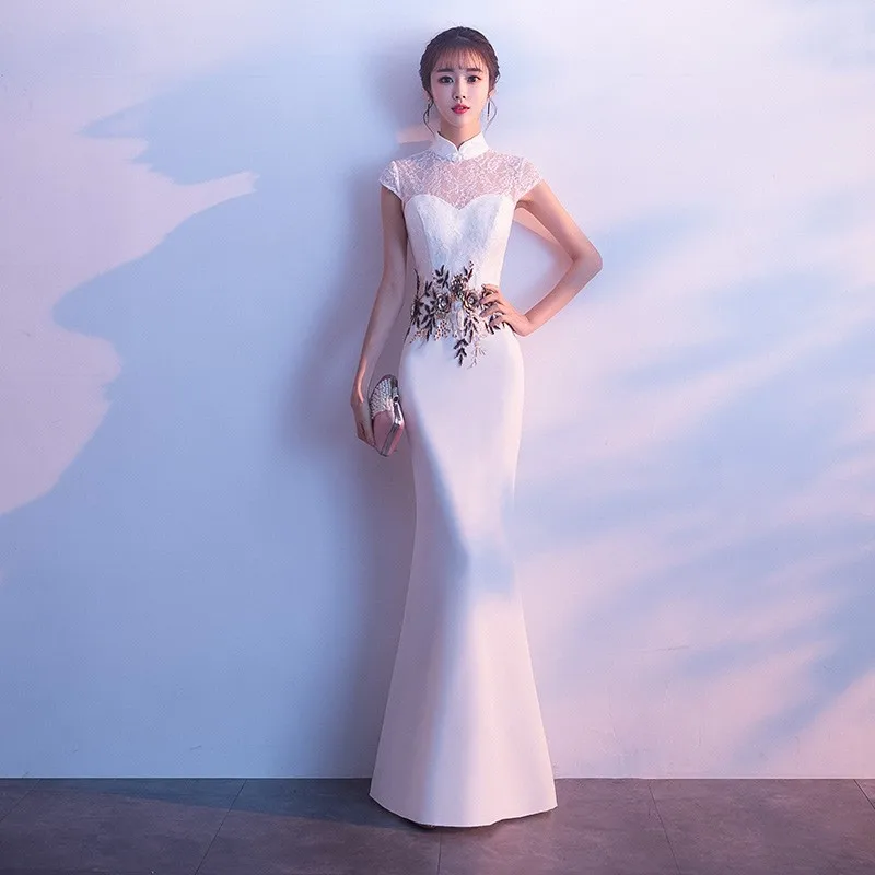 

White cheongsam fish tail Chinese style long elegant performance chorus dress